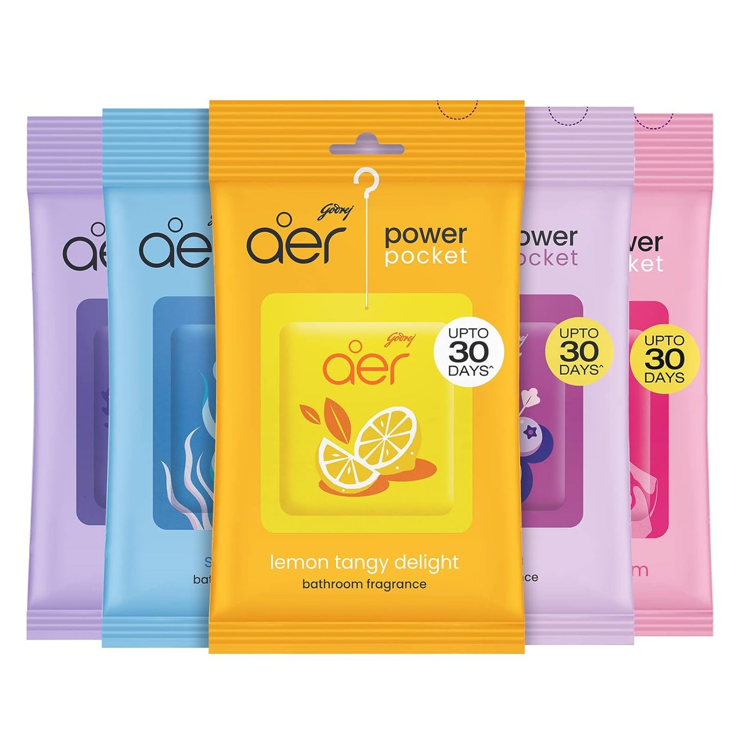 Godrej Aer Power Pocket Bathroom Freshener â€“ Assorted Pack of 5 - 50g (5x10g) | Lasts up to 30 days | Germ Protection