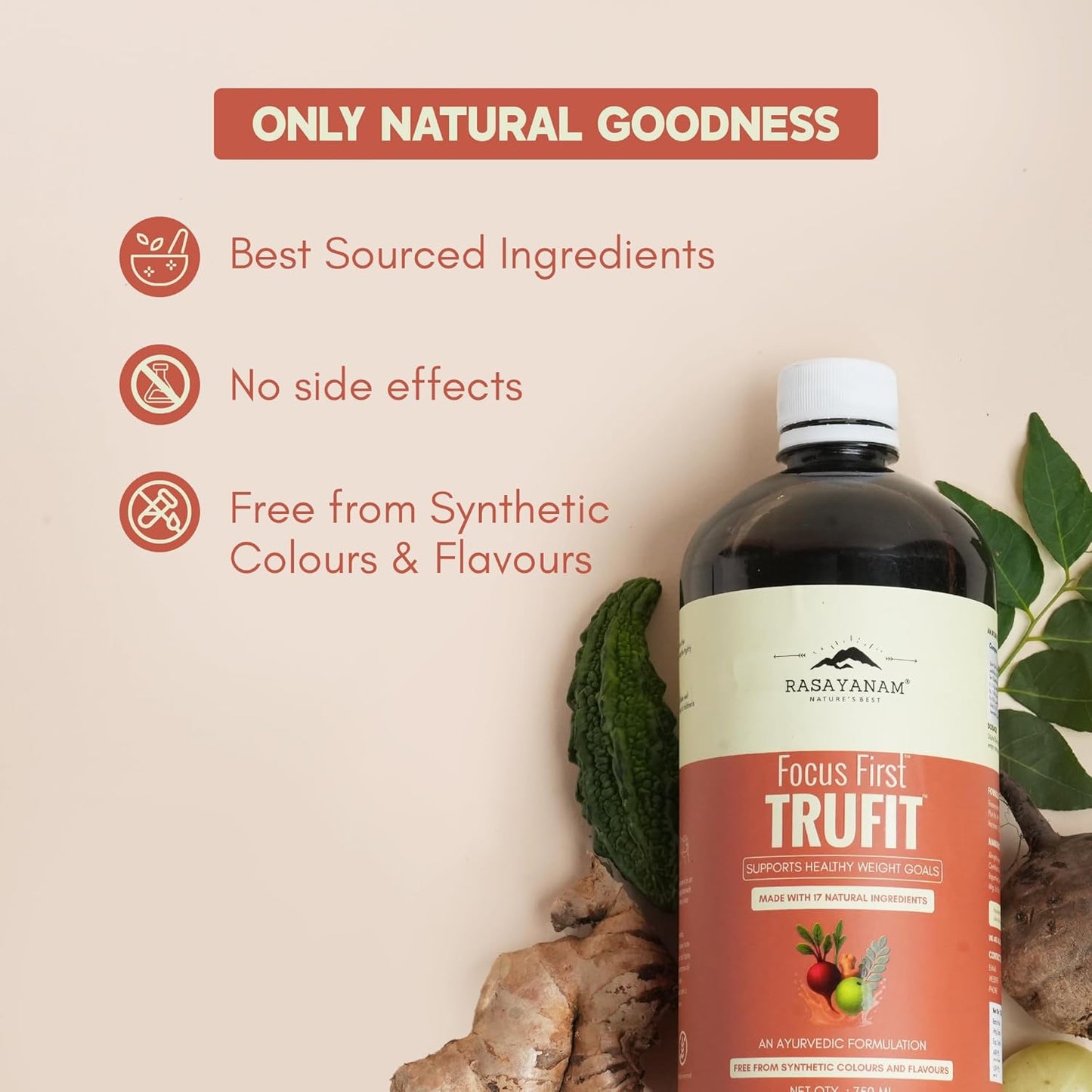 Rasayanam TruFit Juice 750 ml | 17 Herbs for Weight Management & Digestion | Kwath Method | No Sugar | Garcinia, Green Tea, Amla & Moringa | 100% Natural & Safe