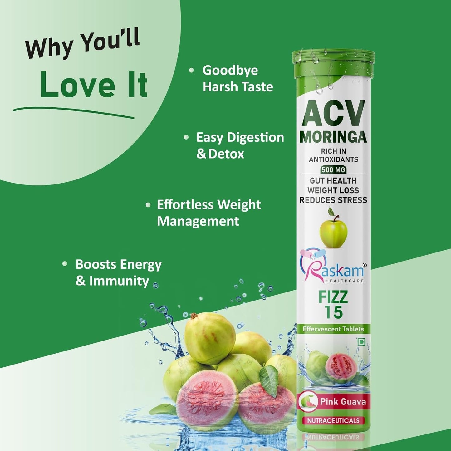 Apple Cider Vinegar (ACV) Moringa | Master Your Appetite & Boost Immunity | Natural Energy with Antioxidants | No Added Sugar | Pink Guava Flavor | 15 Fizz Tablets (500mg) Pack of 1
