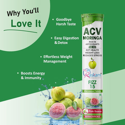 Apple Cider Vinegar (ACV) Moringa | Master Your Appetite & Boost Immunity | Natural Energy with Antioxidants | No Added Sugar | Pink Guava Flavor | 15 Fizz Tablets (500mg) Pack of 1