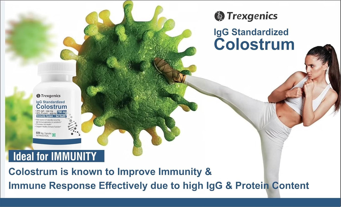 Trexgenics COLOSTRUM 750 mg, 20% IgG, 60% Protein, Immunity, Gut Health Support VEGETARIAN & NON-GMO (60 Veg. Capsules) (Pack of 1)