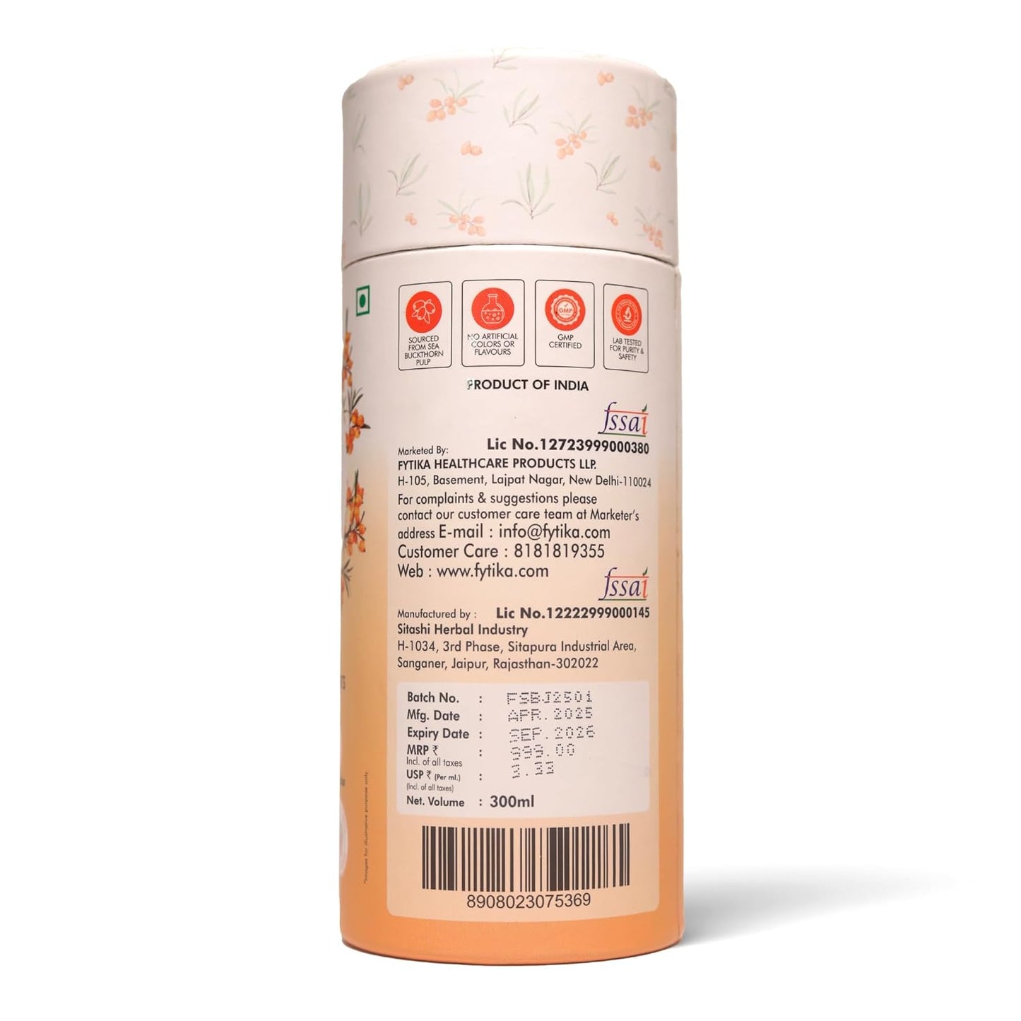 Fytika Sea Buckthorn Juice - 300 ML (PACK OF 1) | Pulp Concentrate Made for Your Total Body Care & Wellness | Rich in Vitamin C, Omega 3, 6, 7, 9 & Antioxidants | For Men & Women