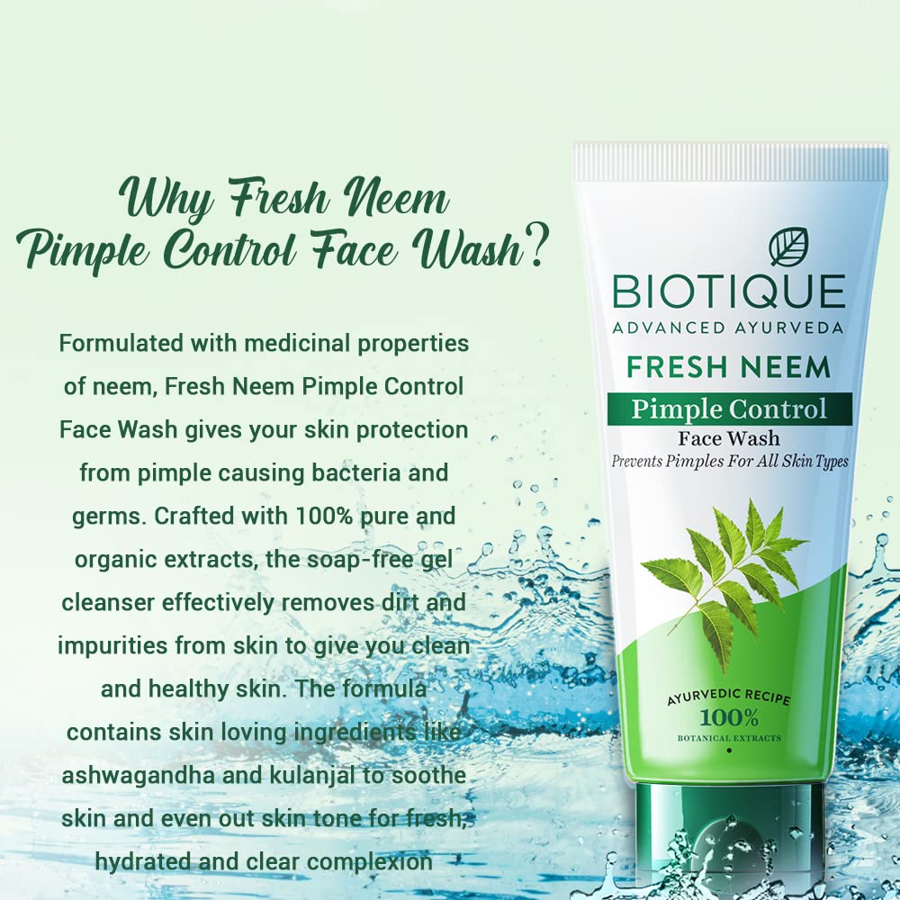Biotique Fresh Neem Pimple Control Face Wash| Ayurvedic and Organically Pure| Prevents Pimples |100% Botanical Extracts| Suitable for All Skin Types | 150mL