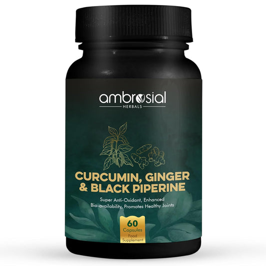Ambrosial Curcumin Capsules With Turmeric and Black Pepper with Ginger | High Strength Tablets with Enhanced Absorption | 95% Curcuminoids Curcumin with Piperine (Pack of 1-60 Capsules)
