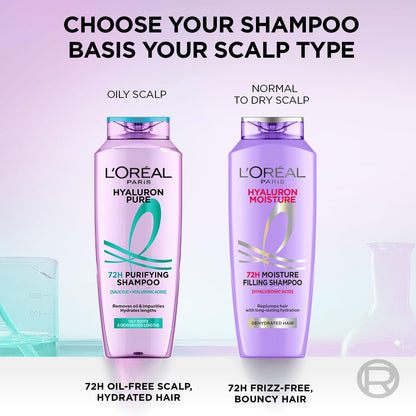 L OrÃ©al Paris Moisture Filling Shampoo, With Hyaluronic Acid, For Dry & Dehydrated Hair, Adds Shine & Bounce, Hyaluron Moisture 72H, 340Ml.