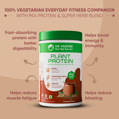 Dr. Vaidyaâ€™s Plant Protein Powder | Ayurvedic Pea Protein with Ashwagandha, Methi & Ajwain | 25g Protein per Serving | Muscle Gain, Energy & Weight Loss | 500g Chocolate Flavour