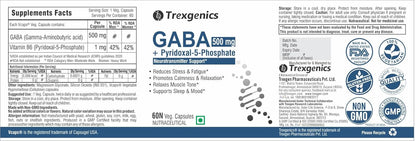 Trexgenics GABA (Gamma aminobutyric aicd) 500 mg, Pyridoxal 5 Phosphate 1 mg, Neurotransmitter, Stress, Sleep Support VEGAN & NON-GMO (60 Veg Capsules) (Pack of 1)