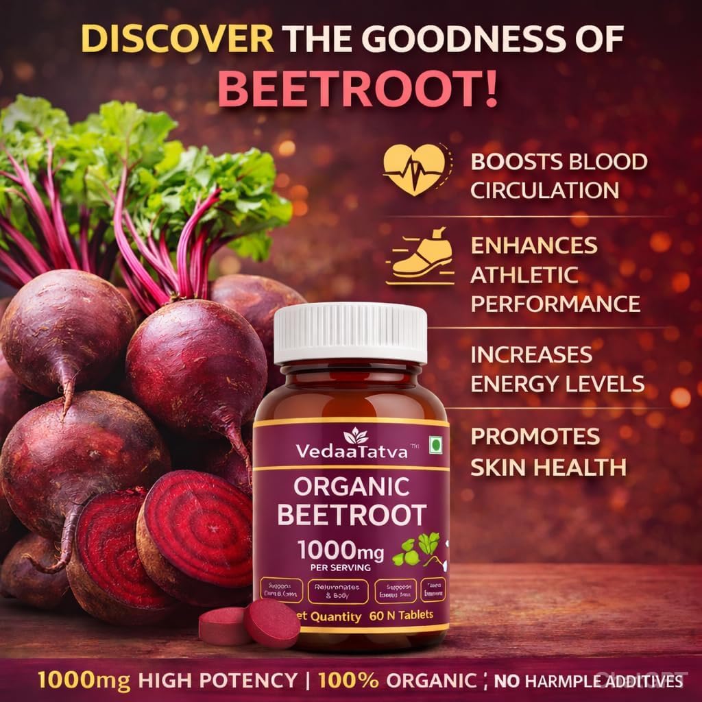 VedaaTatva Beetroot Tablets 60 Tablets 1000mg | Beetroot Tablet from Beta Vulgaris (Table Beet, Garden Beet, Red Beet) | Beetroot Powder Extract Supplement | Supports Blood Flow, Circulation & Hemoglobin | Natural Nitric Oxide Booster | Vegan