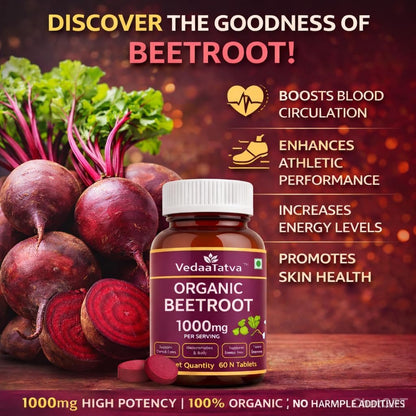 VedaaTatva Beetroot Tablets 60 Tablets 1000mg | Beetroot Tablet from Beta Vulgaris (Table Beet, Garden Beet, Red Beet) | Beetroot Powder Extract Supplement | Supports Blood Flow, Circulation & Hemoglobin | Natural Nitric Oxide Booster | Vegan