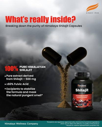 Himalaya Shilajit | 100% Pure Shilajit I 60 Capsules | Enhances Stamina, Energy, and Power | Supports Healthy Testosterone Levels