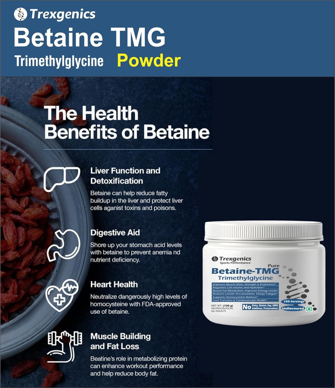 Trexgenics BETAINE-TMG Trimethylglycine Pure Powder - 100 Servings of 1 gram (100 gram)