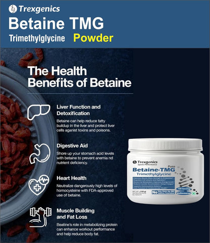 Trexgenics BETAINE-TMG Trimethylglycine Pure Powder - 100 Servings of 1 gram (100 gram)