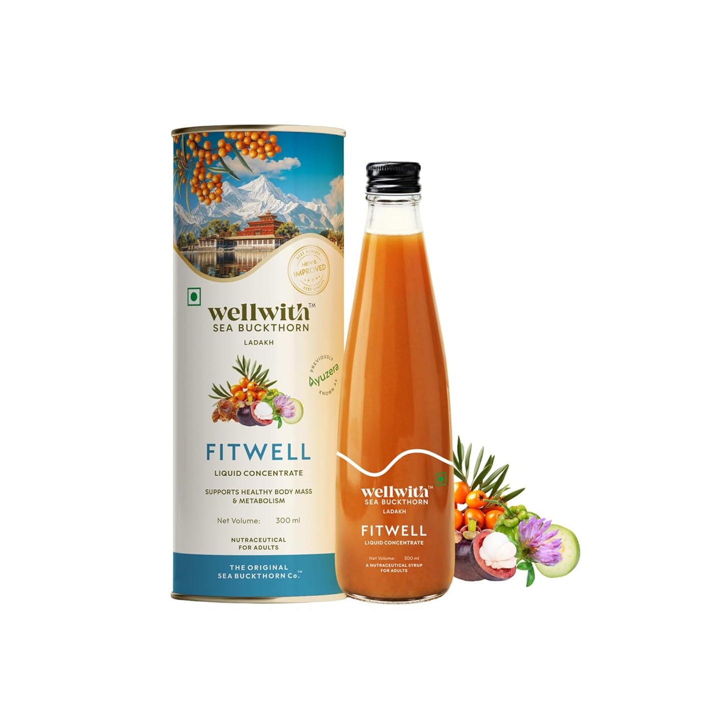 Wellwith Sea Buckthorn Fitwin(Fitwell) Juice 300ml | Makes 50 Glasses | Natural Vitamin C, Omega 3 6 7 9, Antioxidants | Immunity, Skin Glow & Gut Health Support | Herbal Juice Supplement