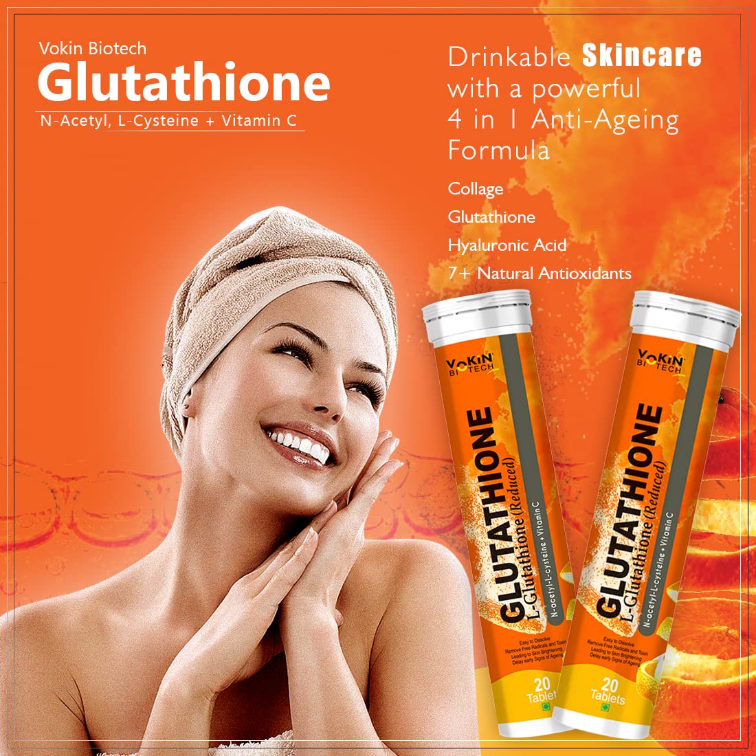 Vokin Biotech L-Glutathione 600mg With N-Acetyl-L-Cysteine 400mg & Vitamin C 40mg Helps for Glowing & Radiant Skin | Dark spots & Tan Removal 20 Effervescent Tablets (20 Tablets)