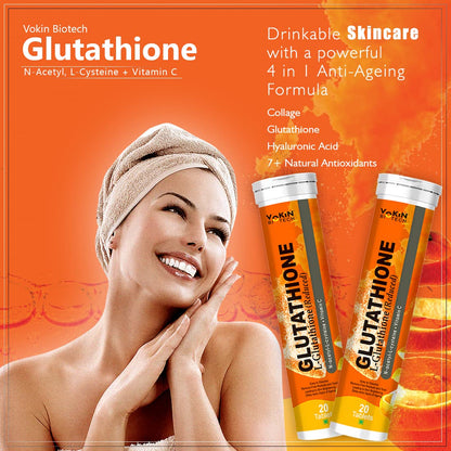 Vokin Biotech L-Glutathione 600mg With N-Acetyl-L-Cysteine 400mg & Vitamin C 40mg Helps for Glowing & Radiant Skin | Dark spots & Tan Removal 20 Effervescent Tablets (20 Tablets)