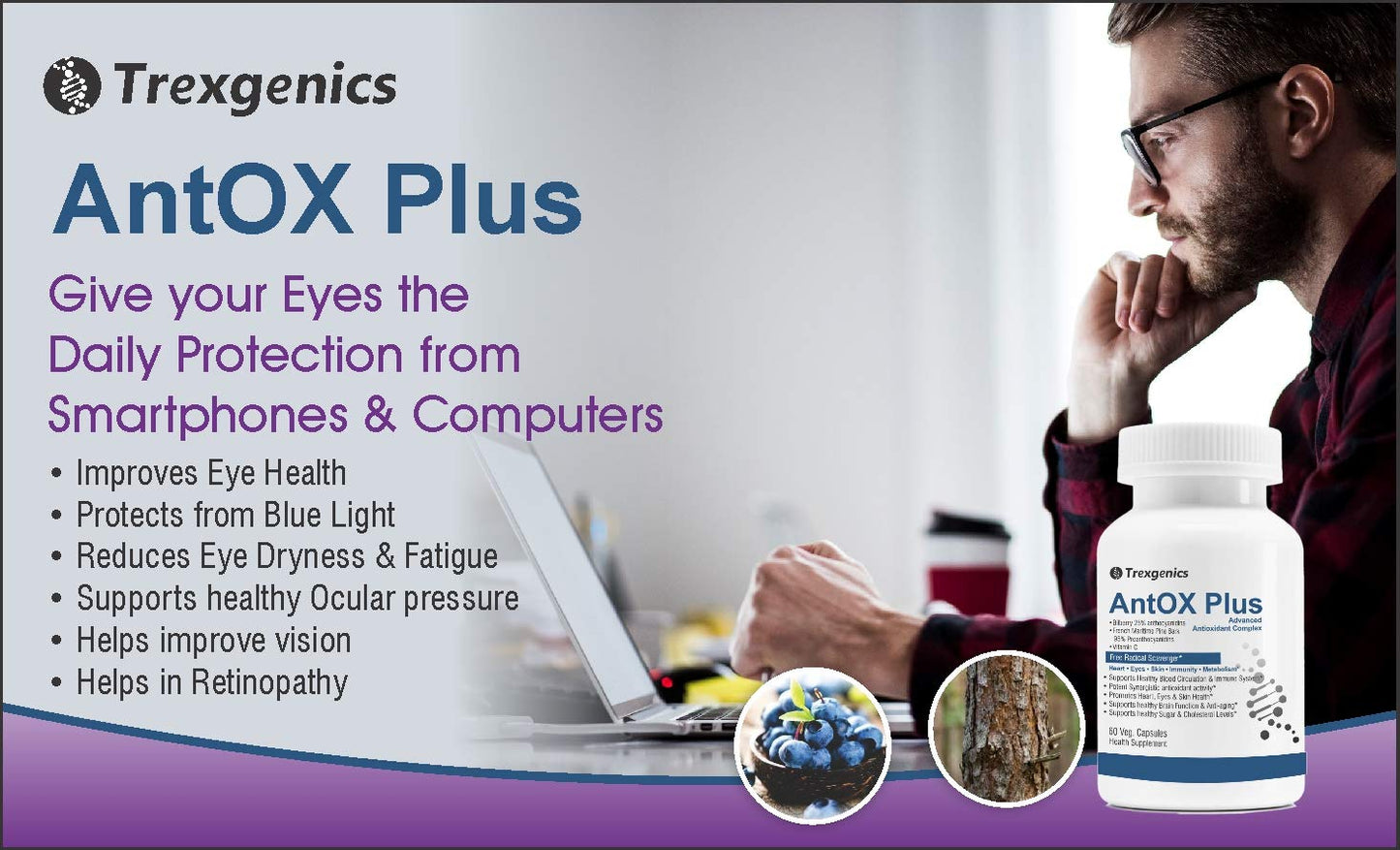 TrexgenicsÂ® ANTOX PLUS Bilberry 25% 200 mg, Pine bark 90% 200 mg & Vitamin C Advanced Antioxidant complex, Heart, Eyes, Skin, Immunity, Metabolism (60 Vcaps) (1)