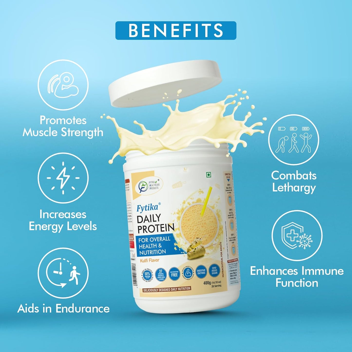 Fytika Daily Protein - 400g (Kulfi, Pack of 1) | Protein Powder for Adults with 37 Essential Vitamins & Minerals, | 50% Protein Per Serve | High Protein Drink for Women & Men