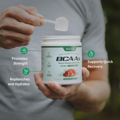 Snap Supplements BCAA Powder - 5g Vegan Branched Chain Amino Acids (2:1:1 Leucine Isoleucine Valine) + Essential Amino Acids with Nitric Oxide Booster, 30 Servings, Pomegranate Watermelon