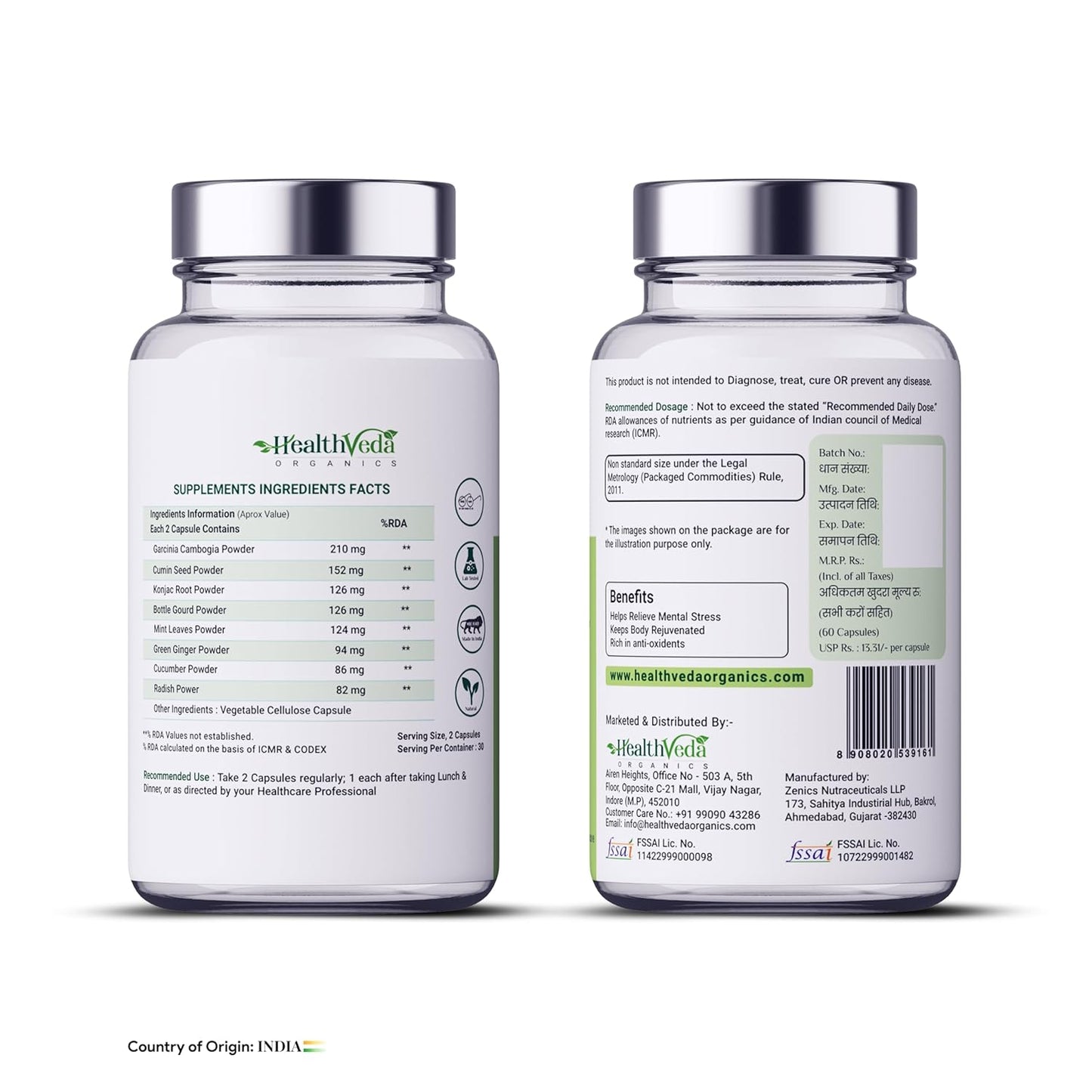 Health Veda Organics Plant Based Garcinia Cambogia Supplement 1000 mg | 60 Veg Capsules | Improves Digestion | For Both Men & Women
