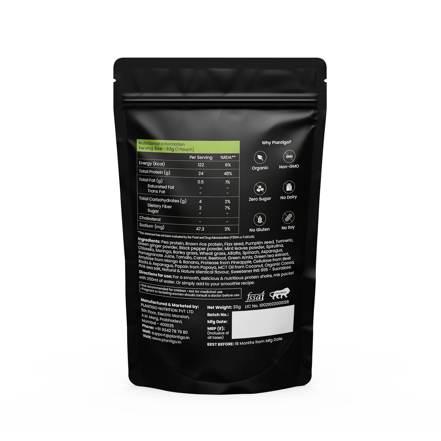 Plantigo Clean Plant Protein Powder | No Preservatives, No Banned Substances | Super Protein Blend - Pea, Brown Rice | Vegan Green Protein For Men, Women (Vanilla Flavor - 32g Travel Pouch | Sachet)