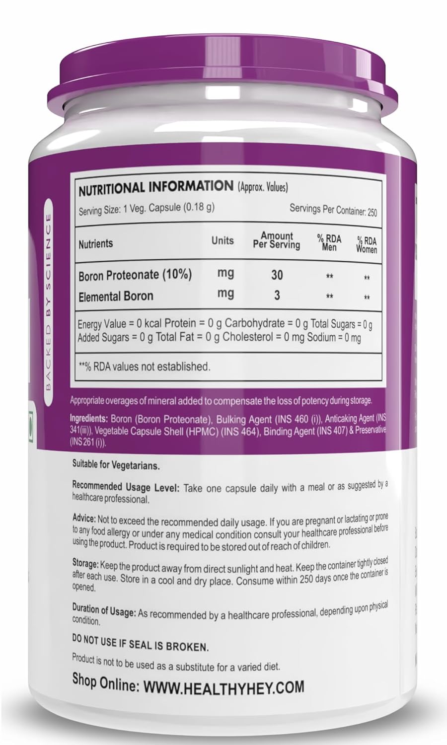 HealthyHey Nutrition Boron Advanced Chelated - 250 Veggie Capsules - Gluten Free, Non-GMO