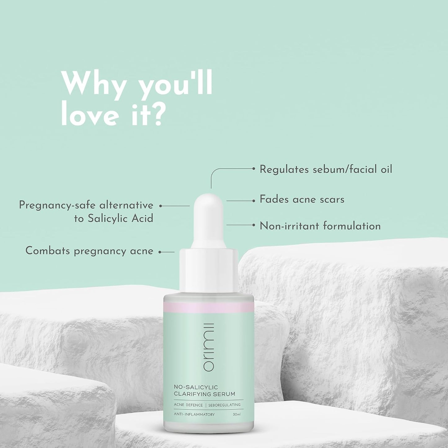 Orimii No Salicylic Face Serum For Acne Prone Skin | With Chamomile & Ceramides | Lightweight Anti Acne Clarifying Serum WITHOUT Salicylic Acid | Fragrance Free, Pregnancy Safe (30ml)
