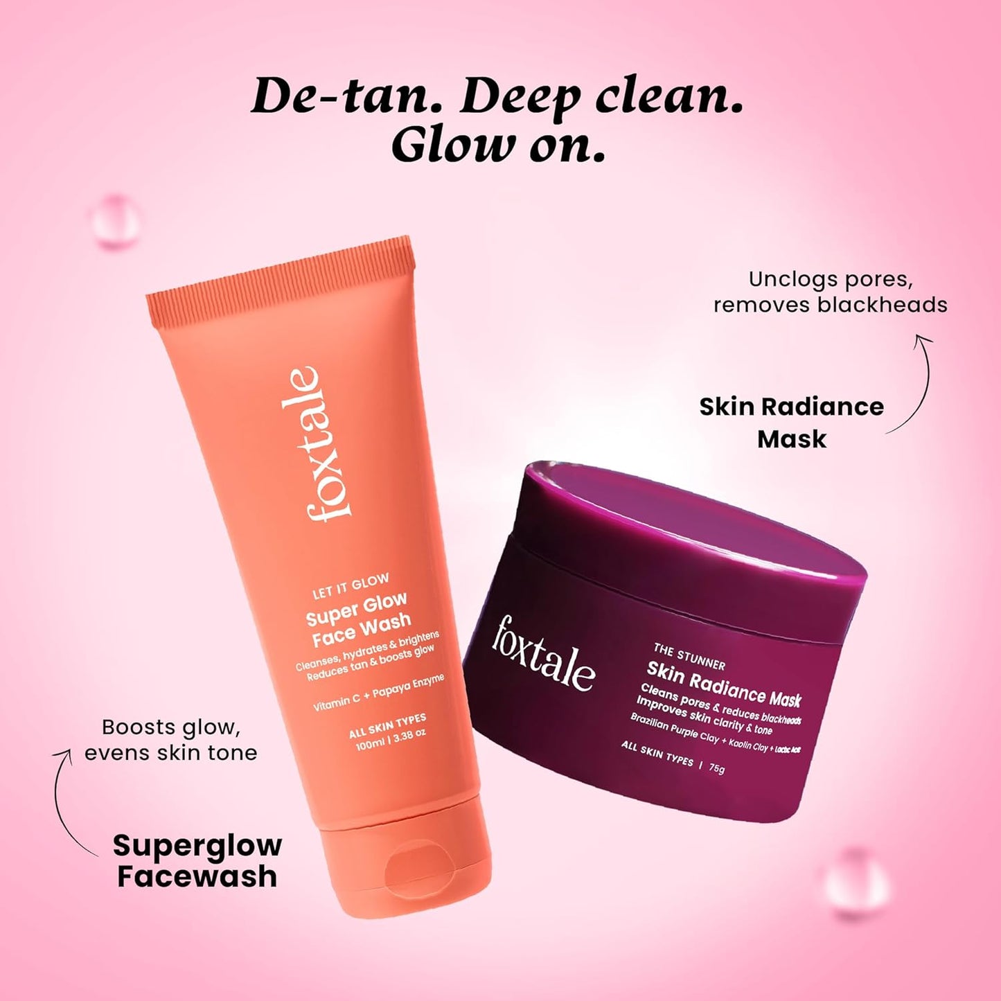 Foxtale Detan and Glow Duo â€“ Face Wash + Skin Radiance Mask | Removes Tan, Brightens, Unclogs Pores | With Vitamin C, Papaya Enzyme, Lactic Acid & Clay | For Radiant, Even-Toned Skin