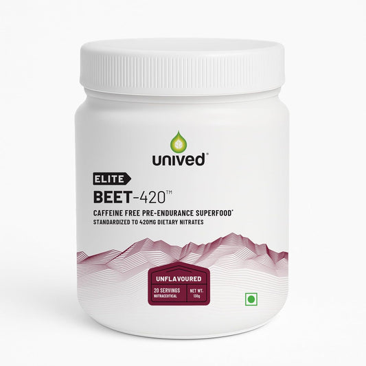 Unived Elite Beet-420 | Beetroot Extract standardized to 6.5% Dietary Nitrate, 420mg Nitrate Per Serving | Endurance Superfood for Athletes | Vegan, Caffeine-Free, Pre-Workout Powder| 20 Servings | 130g