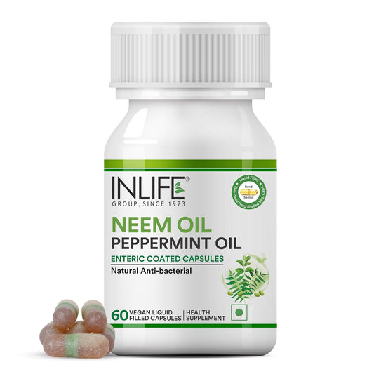 INLIFE Neem Oil 350mg with Peppermint Oil 150mg | Digestive Health & Skin, Hair Care Supplement | Enteric Coated Capsules â€“ 60 Liquid Filled Vegetarian Capsules (Pack of 1, 60)