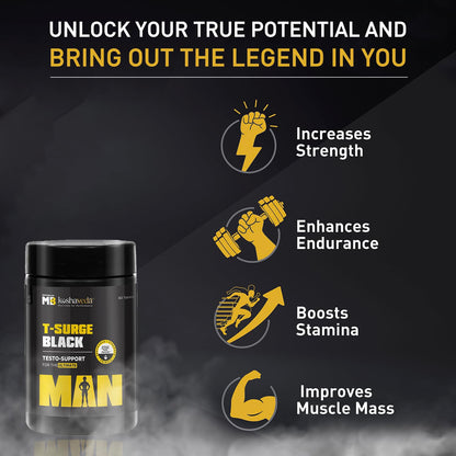 MuscleBlaze Koshaveda T-Surge Black (60 Tablets) | Testosterone Booster for Men | With 12 Ayurvedic Herbs - Ashwagandha, Shilajit, Safed Musli, & Gokhru | For Strength, Stamina & Endurance