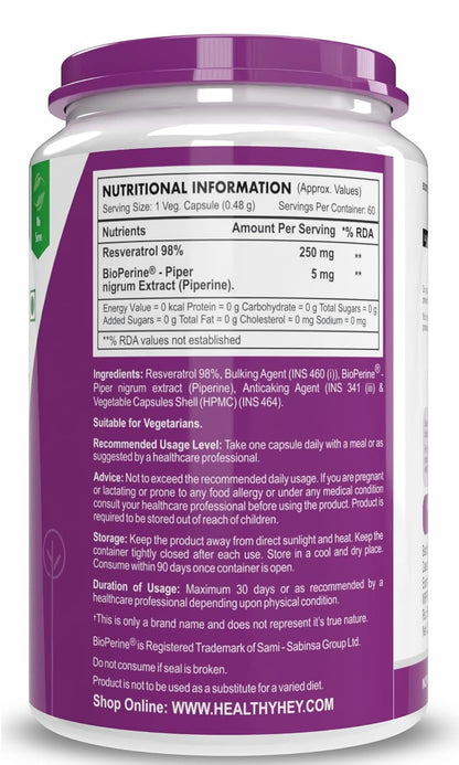 HealthyHey Nutrition Resveratrol Extract 98% Plus BioPerine for Absorption - 255mg - 60 Vegetable Capsules (Pack of 1)