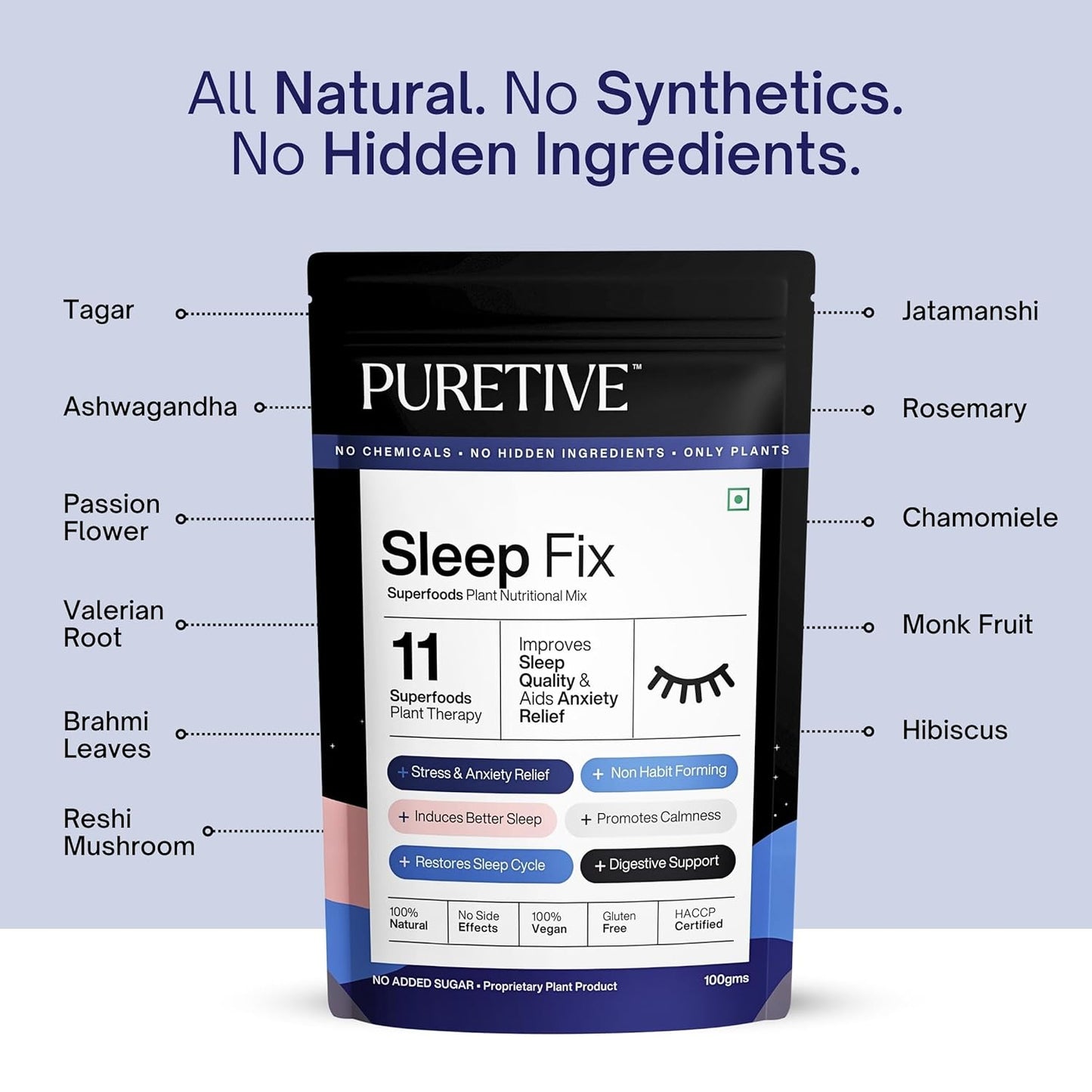 Puretive Sleep Fix Superfoods Mix | Natural Melatonin | Plant Based for Men & Women| For Deep Sleep, Stress Relief with Tagar, Ashwagandha Root, Reishi Mushroom | 100% PURE, Vegan | 100gms