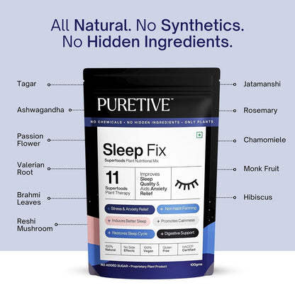 Puretive Sleep Fix Superfoods Mix | Natural Melatonin | Plant Based for Men & Women| For Deep Sleep, Stress Relief with Tagar, Ashwagandha Root, Reishi Mushroom | 100% PURE, Vegan | 100gms
