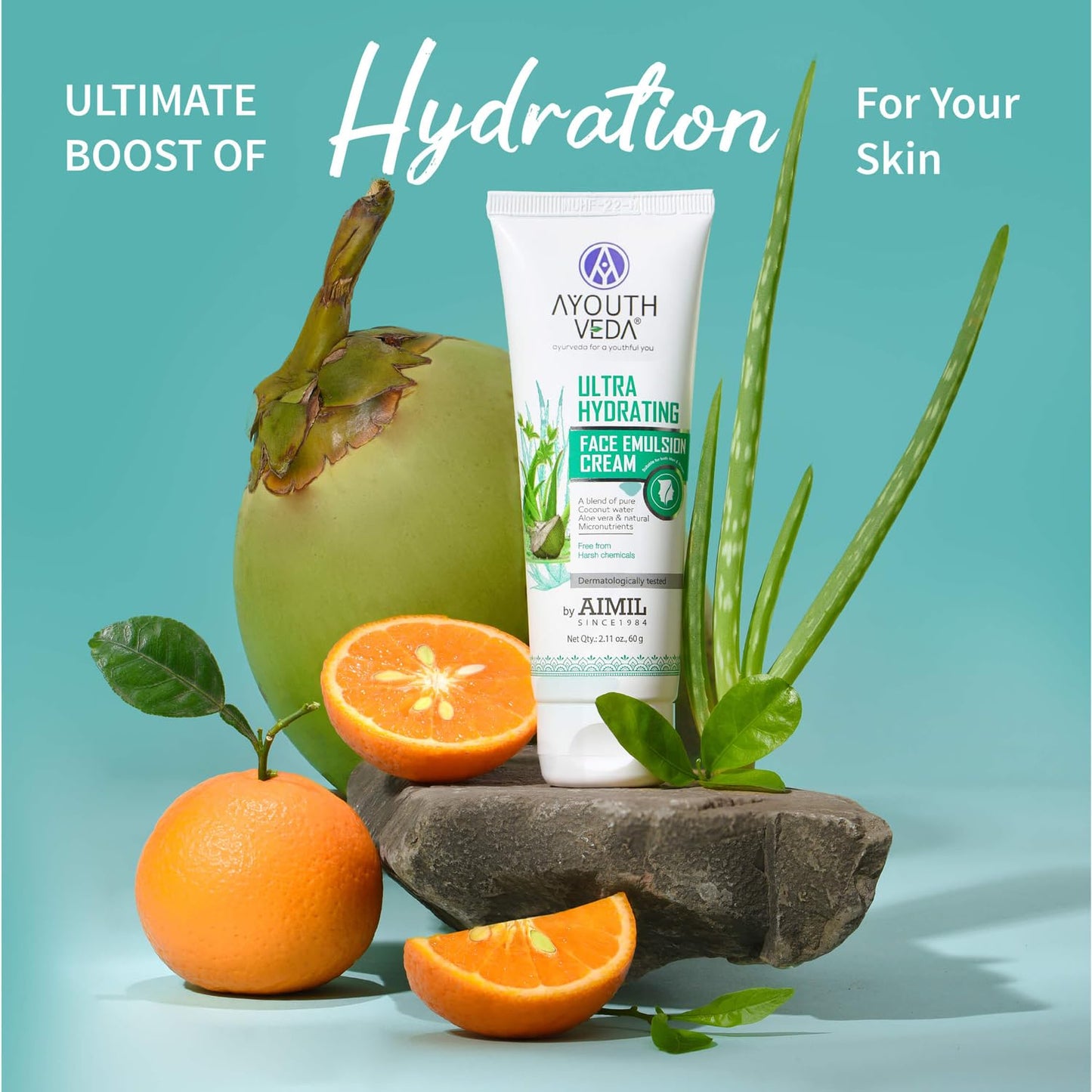 Ayouthveda Ultra Hydrating Face Emulsion Cream | Natureâ€™s Goodness for 24 hours Hydration | Moisturizes, Tones, and Brightens Skin | Prevent Dark spots, Blackheads and Blemishes | With Coconut Water, Aloe Vera, and Green Tea - (Pack Of 1; 60G)