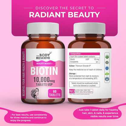 The Body Reserve Biotin 10000 mcg Tablet -60 Veg Tablets, Biotin Tablets For Hair, Skin & Nails, Hair Vitamins Biotin Supplement For Men & Women 2 Monthâ€™s Supply Pack