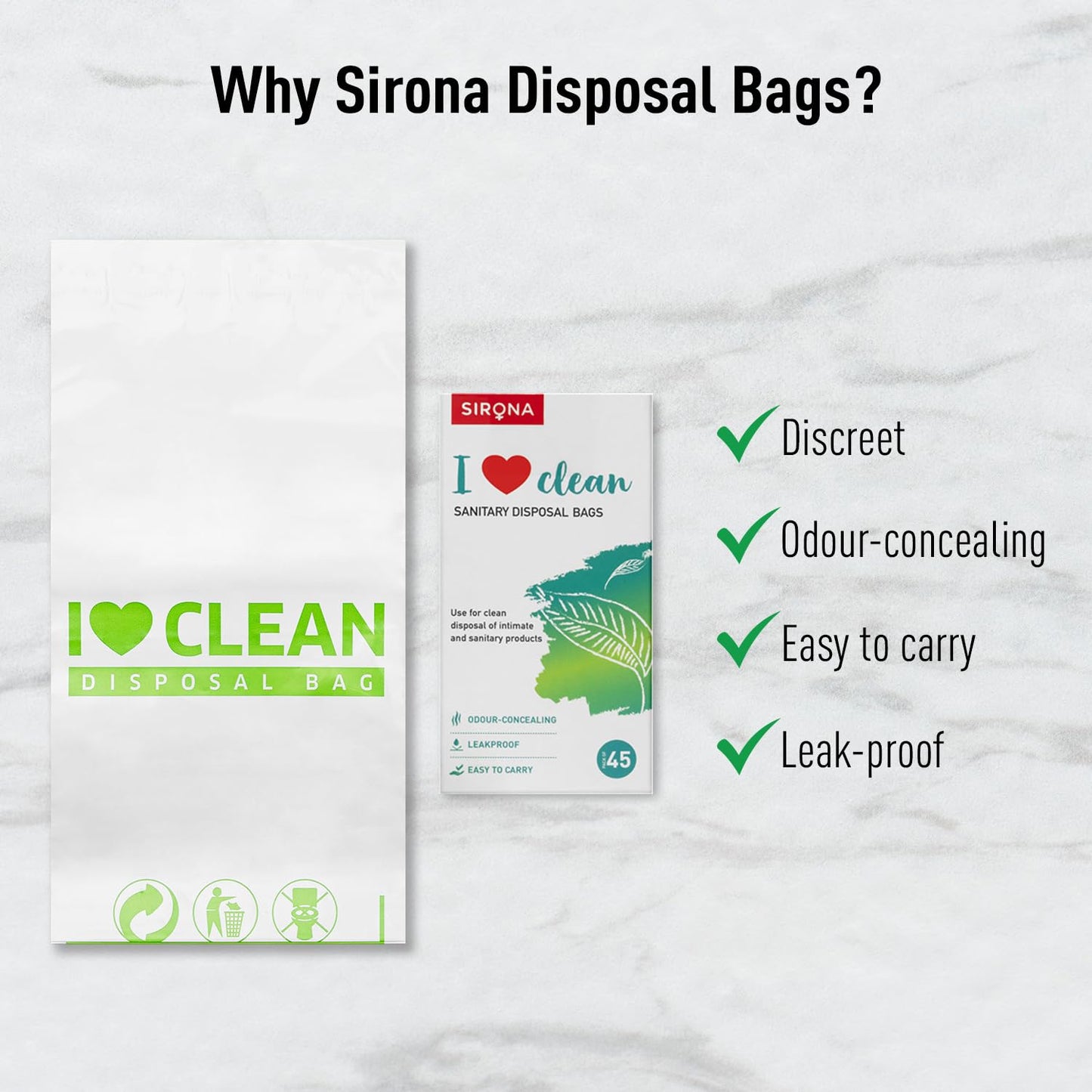 Sirona Sanitary Disposal Bags | 45 Bags | Pad Disposable Bags for Discreet Disposal of Tampons, Condoms, Sanitary Pads, Panty Liner & Personal Hygiene Waste (Green)