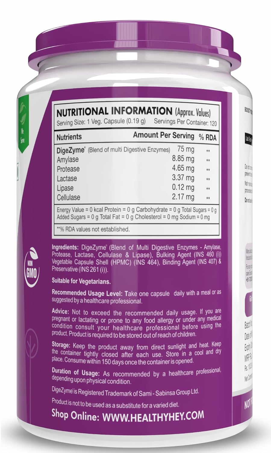 HealthyHey Nutrition Digestive Enzymes Capsules - Amylase, Lipase, Protease, Multi-Enzyme Complex Tablet - 120 Vegetable Capsules