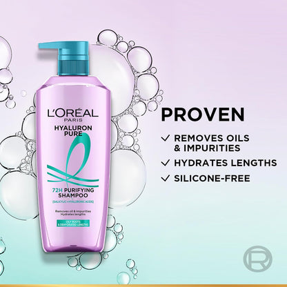 Lâ€™OrÃ©al Paris Hyaluron Pure 72H Purifying Shampoo, For oily scalp & dry hair with salicylic and hyaluronic acid, 800 ml