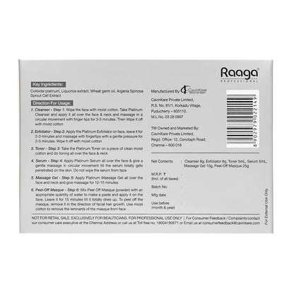 Raaga Professional Stem Cells Infused Platinum 6 Step Facial Kit | Platinum Colloid, Argan Stem Cells | Restores Skin's Moisture | All Skin Types (61 gm)