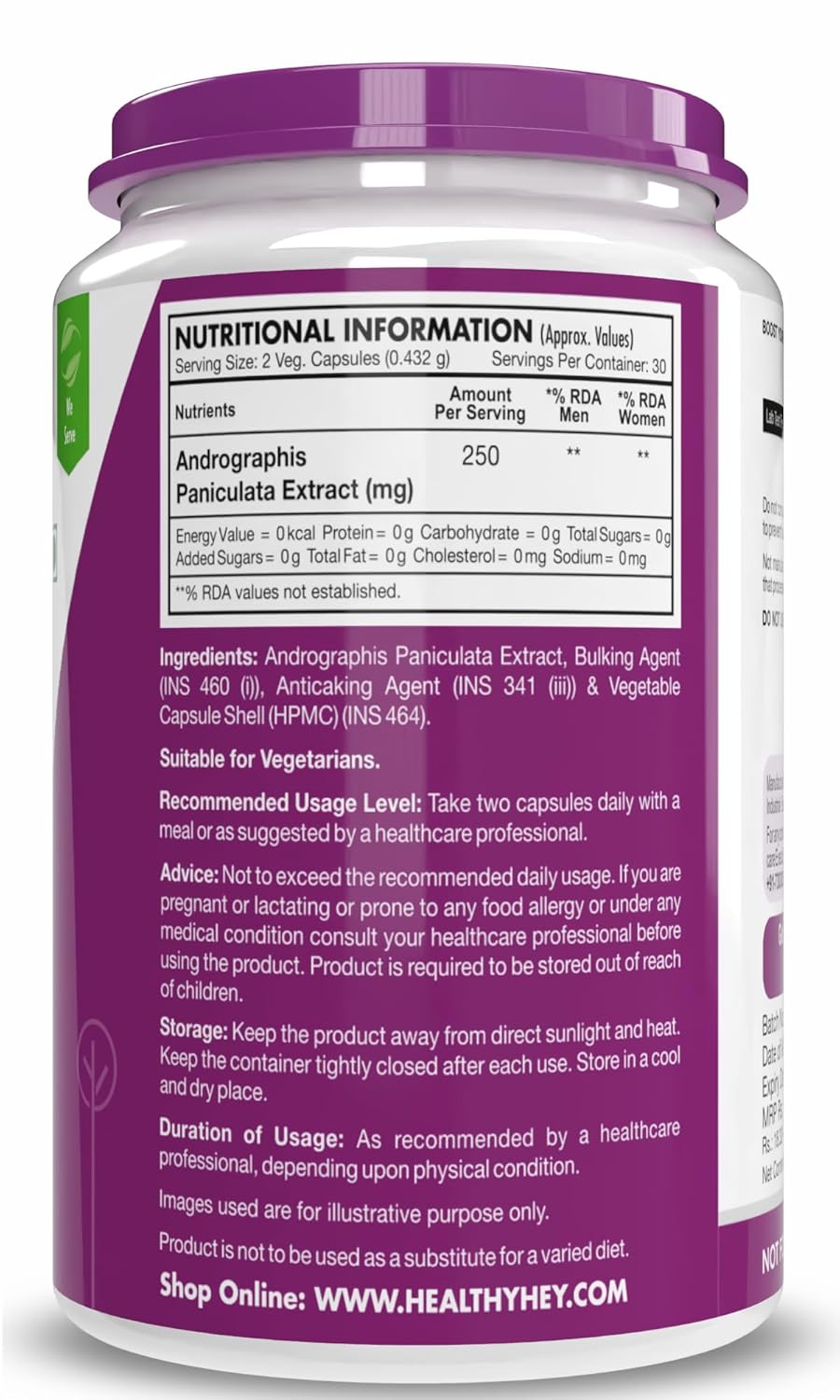 HealthyHey Nutrition Andrographis Paniculata extract - 250 mg per serving - 60 Vegetable Capsules