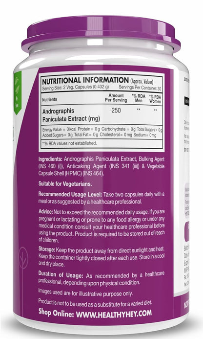 HealthyHey Nutrition Andrographis Paniculata extract - 250 mg per serving - 60 Vegetable Capsules