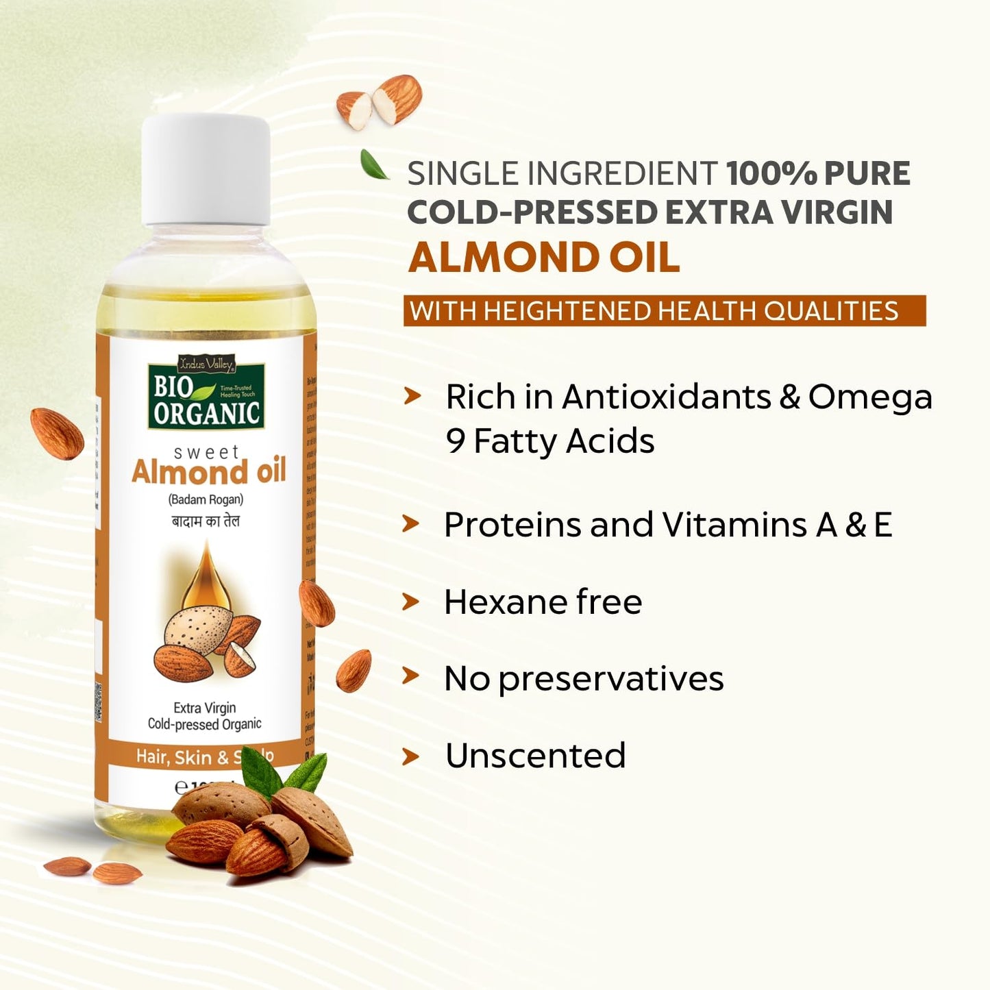 INDUS VALLEY Bio Organic Cold Pressed Almond Oil for Soft & Shiny Hair, Glowing Skin, Hair Damage Protection, Pure Roghan Badam Oil (Tail) for Baby Massage - 100ml