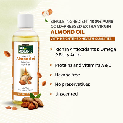 INDUS VALLEY Bio Organic Cold Pressed Almond Oil for Soft & Shiny Hair, Glowing Skin, Hair Damage Protection, Pure Roghan Badam Oil (Tail) for Baby Massage - 100ml