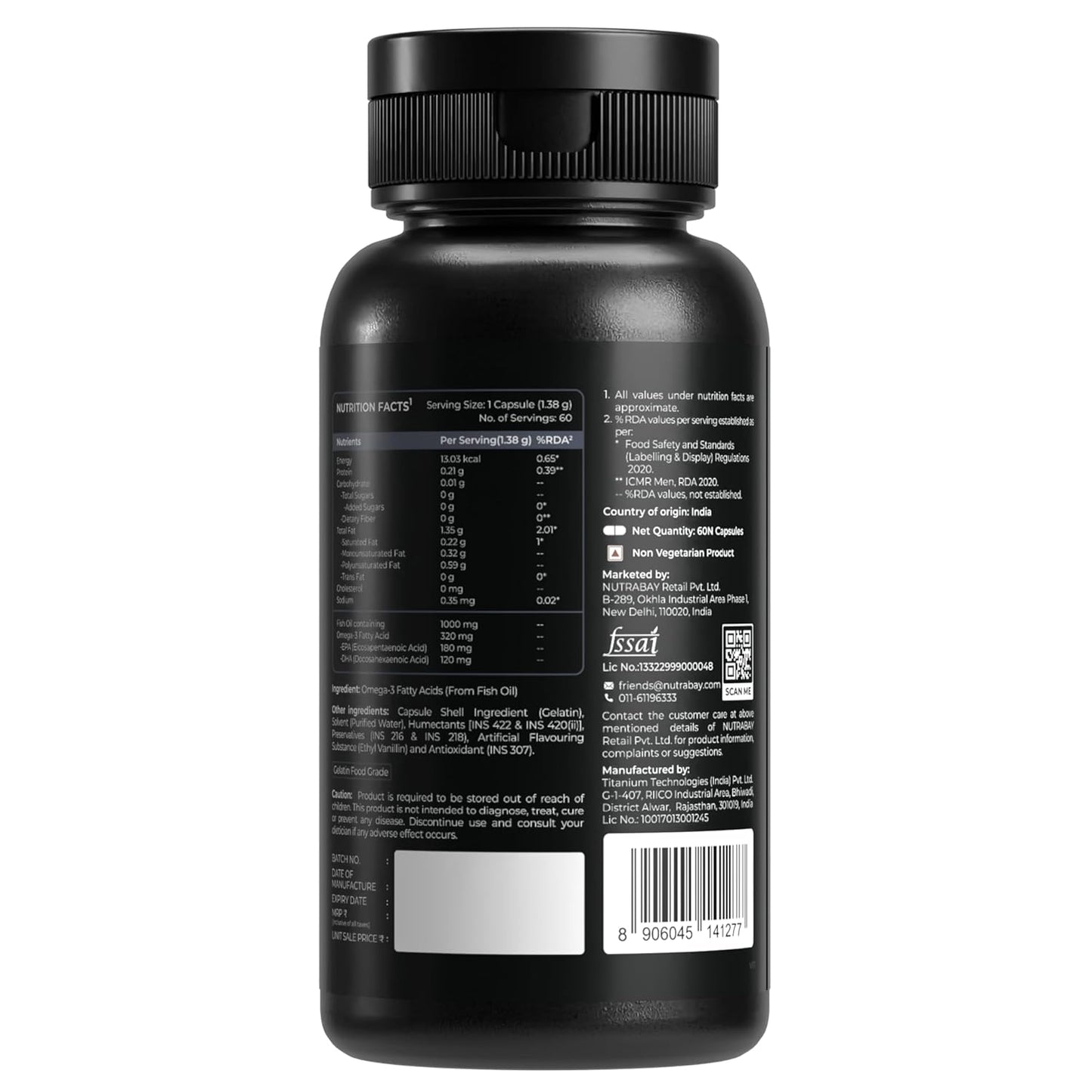 Nutrabay Wellness Omega 3 Fish Oil 1000mg per Capsule, 180mg EPA, 120mg DHA â€“ Vision, Memory, Heart, Skin & Hair Support, No Fishy Aftertaste â€“ 60 Softgel Capsules | Tested for Purity | 100% Authentic