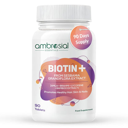 Ambrosial Biotin Tablets with Amla, Brahmi & Bamboo Extract | Plant-Based Biotin Supplement for Hair, Skin & Nails | Vegetarian Formula â€“ 90 Tablets