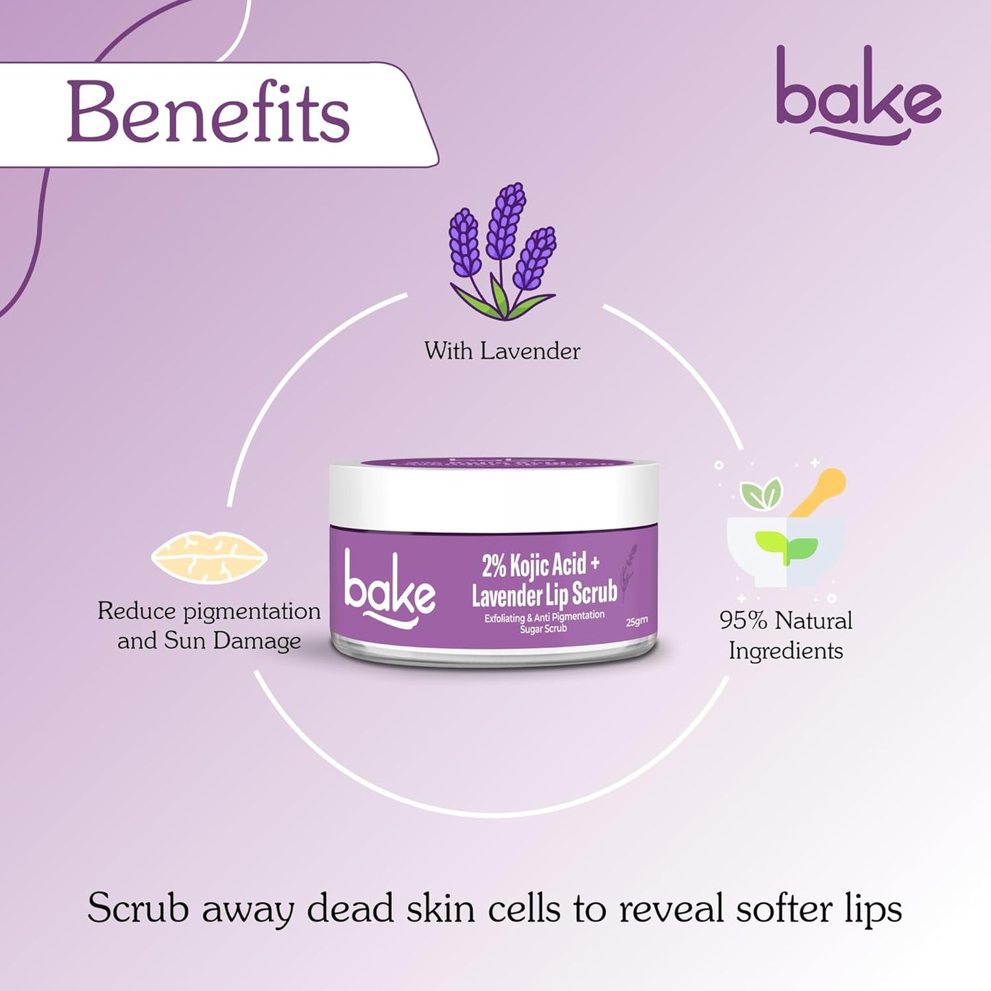 BAKE 2% Kojic Acid Lavender Lip Scrub for Dark, Pigmented Lips with Sugar Granules for Dry & Pink Lips, For Men & Women - 25g