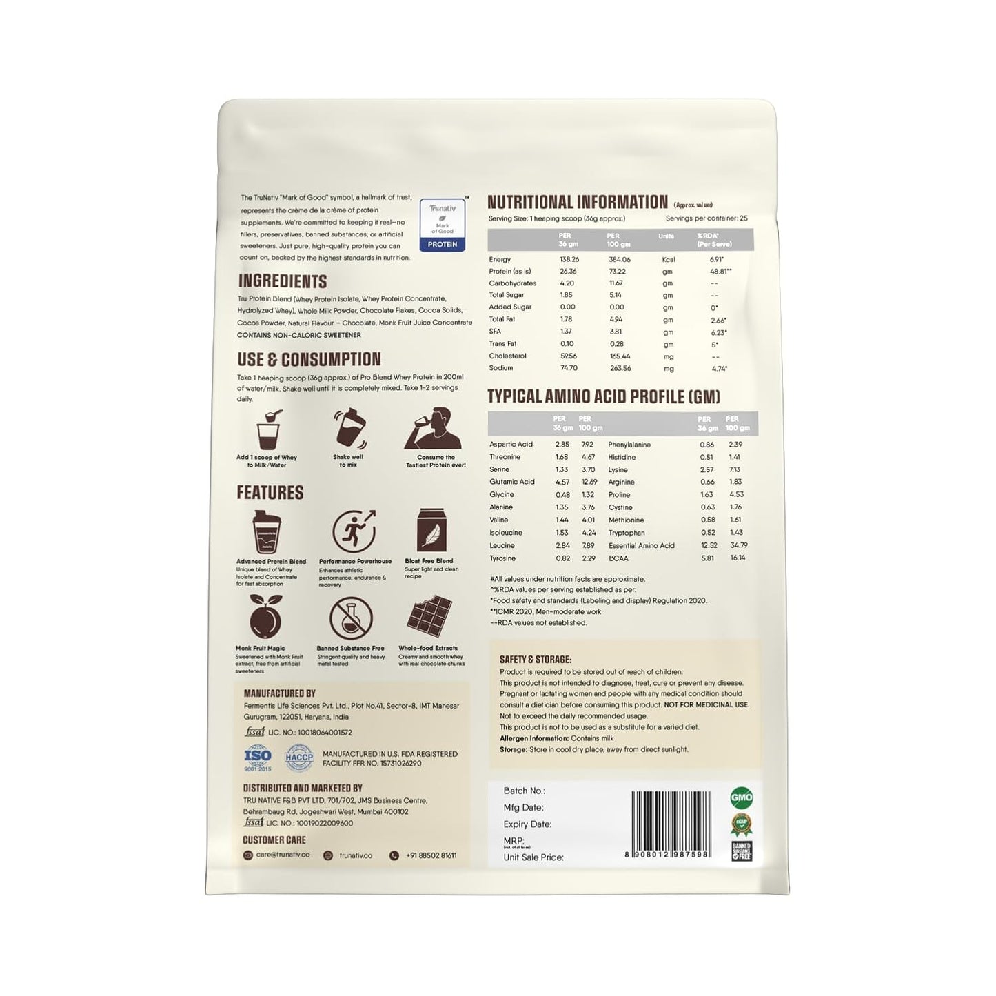 Trunativ Pro Blend Whey Protein Powder Isolate & Concentrate | 100% Light & Clean Protein Powder | 26g Protein | 6g BCAA | 12.52g EAA | No added sugar | Choco Crunch 2lbs (907g)