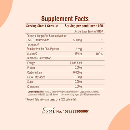 Curcumin 100 veg capsules-with 95% Curcuminoids - Higher Absorption- Antioxidant & Anti-inflammatory Supplement - For Skin, Joint Support, Boosts Immune System