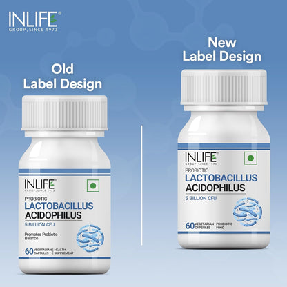 INLIFE Probiotic Lactobacillus Acidophilus 5 billion CFU | Gut Health Supplement for Men Women | Digestive Health, Supports Immunity |With Probiotic Balance â€“ 60 Veg Capsules (Pack of 1, 60)