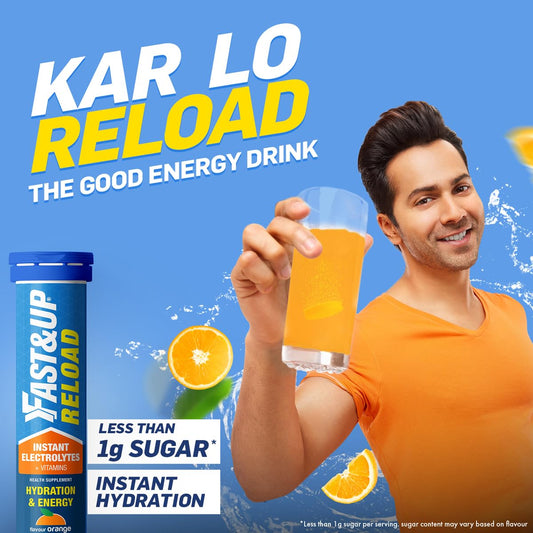 Fast&Up Reload (5 Litres) Low Sugar energy drink for Instant Hydration - 20 Effervescent Tablets with all 5 Essential Electrolytes + Added Vitamins - Certified Electrolytes Drink - Orange flavour